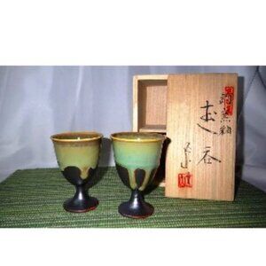 Vintage Oriental Ceramic Wine Glasses (set of 2pcs) "Gozan", New with Wooden Box